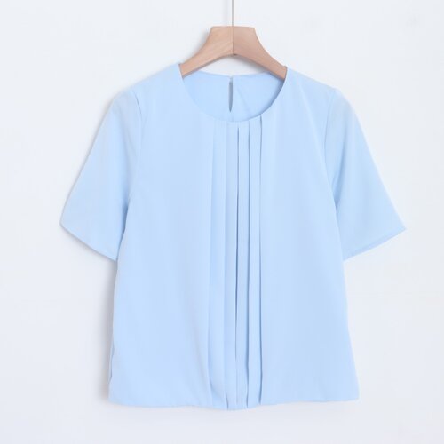 E01034日单夏新款后纽扣百褶圆领套头微宽松女简洁通勤短袖衬衫