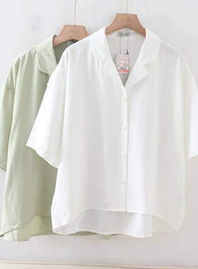 C09039日单新款单排扣西装领宽松显瘦简洁女纯色通勤气质短袖衬衫