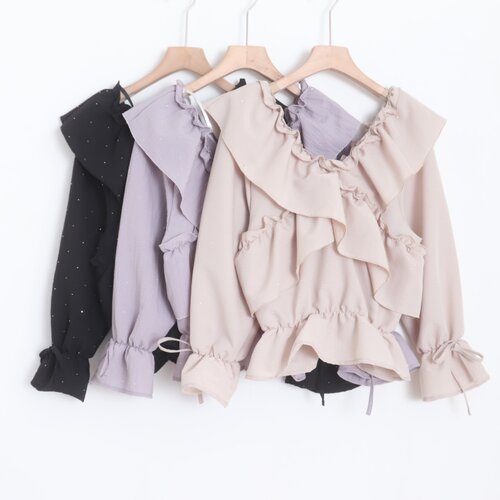 D15061日单新款花边2way两穿领微宽松女烫钻甜美松紧喇叭袖衬衫