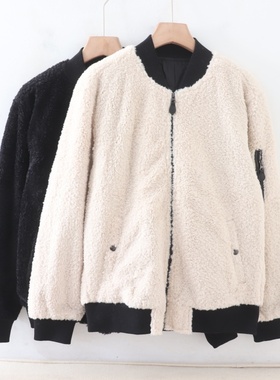 D02038日单秋冬新款客供螺纹领拉链宽松简洁保暖中性休闲毛毛外套