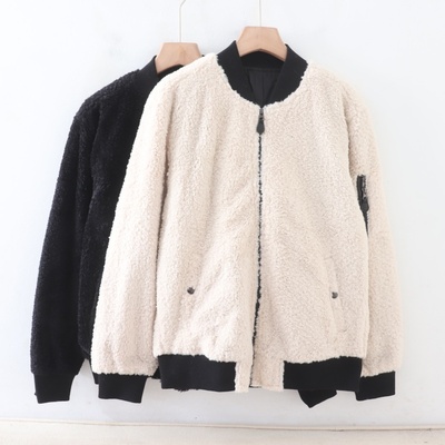 D02038日单秋冬新款客供螺纹领拉链宽松简洁保暖中性休闲毛毛外套