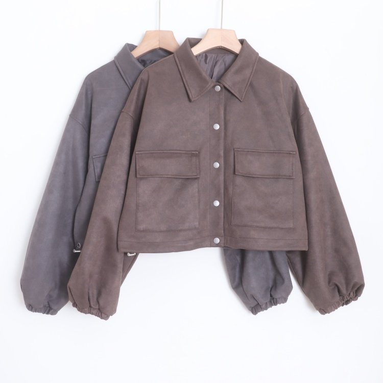 D15093日单贵牌新款客供料单排按扣翻边领宽松女休闲麂皮绒短外套,女装/女士精品,短外套,淘宝优惠券,粉丝福利购,淘宝优惠卷