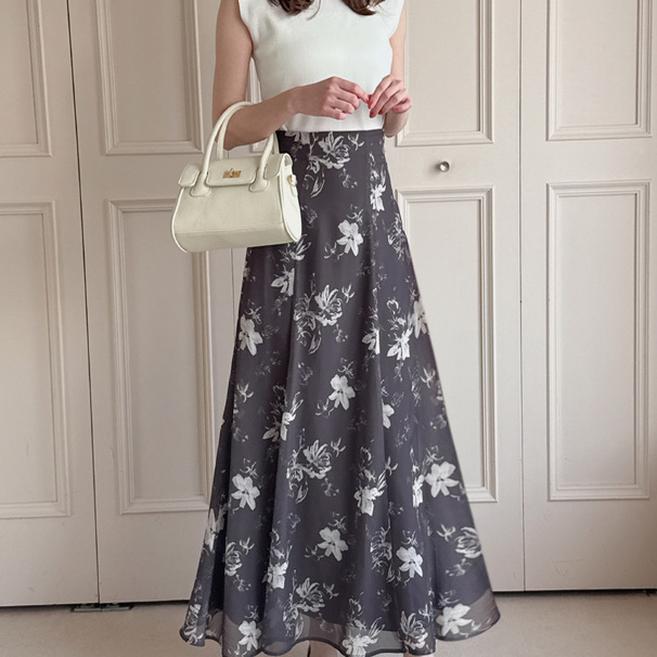 C01002日单新款隐形拉链松紧高腰A字裙女甜美日系雪纺印花半身裙