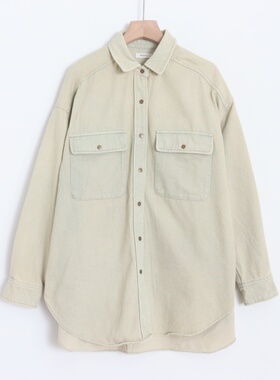 D11015日单新款客供料单排按扣宽松女中长休闲水洗纯棉牛仔衬衫