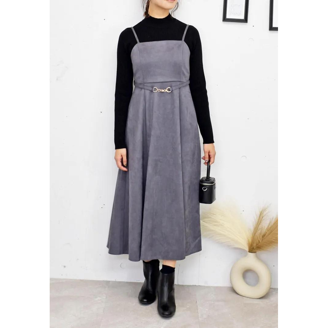 D16068日单新款后松紧显瘦系腰带A字裙女气质麂皮绒可调节吊带裙