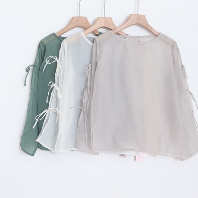 D15034日单甜美小清新新款圆领微宽松女气质袖蝴蝶结系带薄衬衫