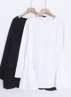 D08053日单秋新款圆领套头宽松显瘦女通勤气质中长款拼接针织毛衣