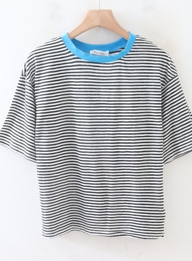 C05051日单夏新款圆领套头宽松显瘦好搭配女通勤休闲条纹短袖T恤