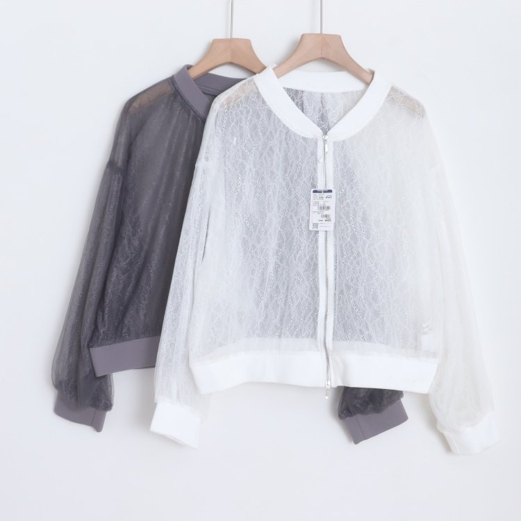 D16036日单新款客供料螺纹领双头拉链宽松显瘦女纯色甜美蕾丝外套