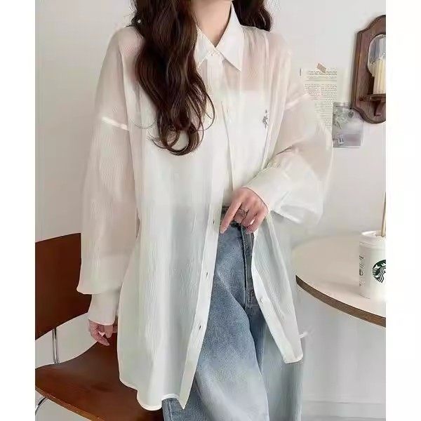 D15045日单新款客供料单排扣宽松女纯色甜美气质刺绣透视长袖衬衫