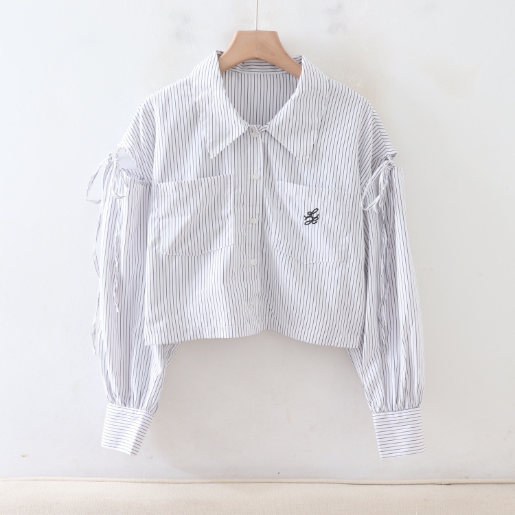 C11046日单早秋款单排扣宽松显瘦女露肩袖系带刺绣短款长袖衬衫