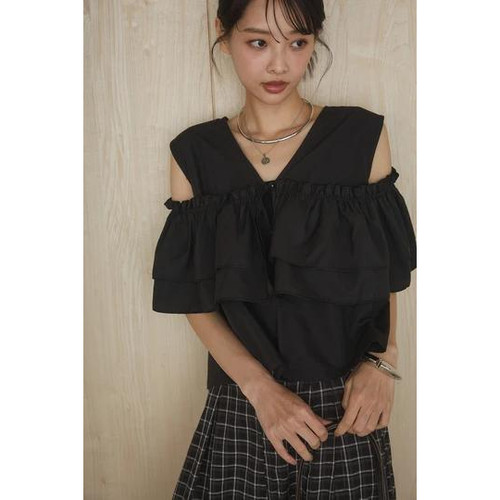 A15050日单夏季新款单排扣V领宽松显瘦女2Way甜美荷叶边短袖衬衫