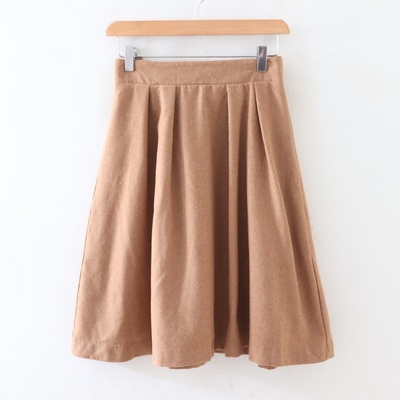 B06028日单秋款客供料后松紧高腰显瘦A字裙女纯色简洁呢子半身裙