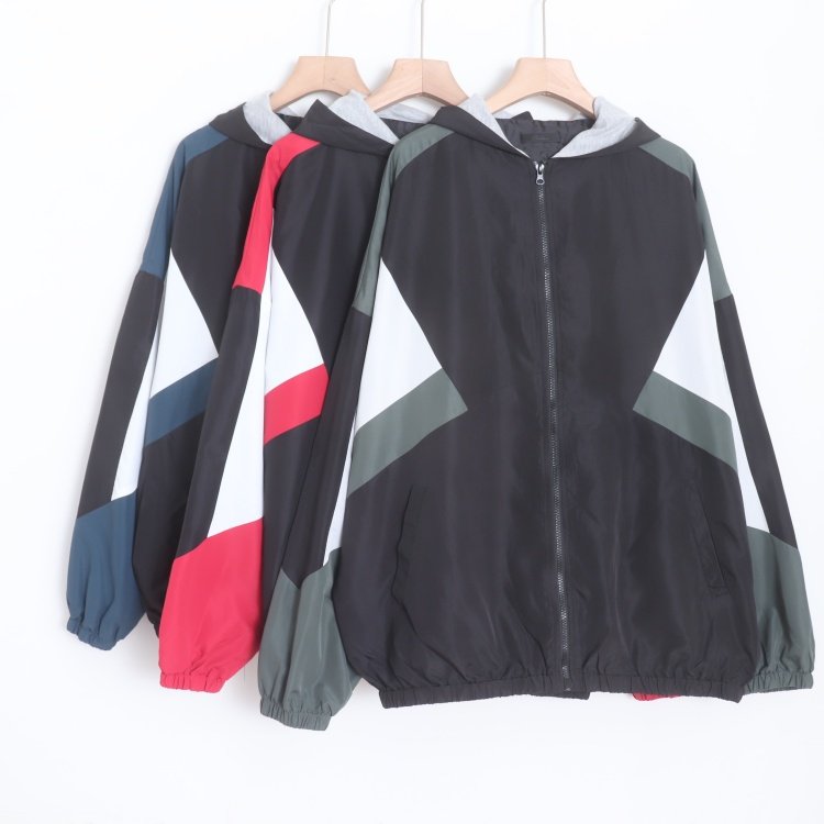 D15050日单新款客供拉链宽松中性撞色简洁通勤休闲款连帽外套大码