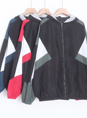 D15050日单新款客供拉链宽松中性撞色简洁通勤休闲款连帽外套大码