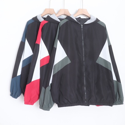 D15050日单新款客供拉链宽松中性撞色简洁通勤休闲款连帽外套大码