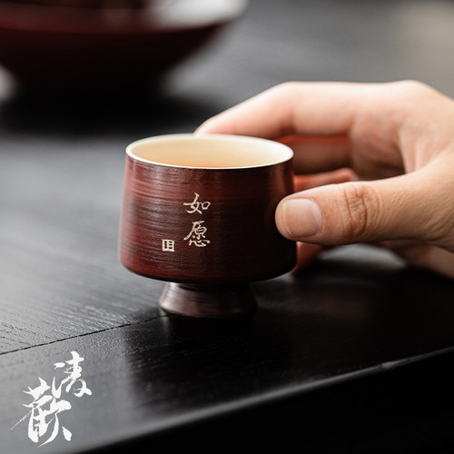 清欢丨纯银手写如愿玉立茶杯55ml 诧寂风粉引纯手工高足杯单杯
