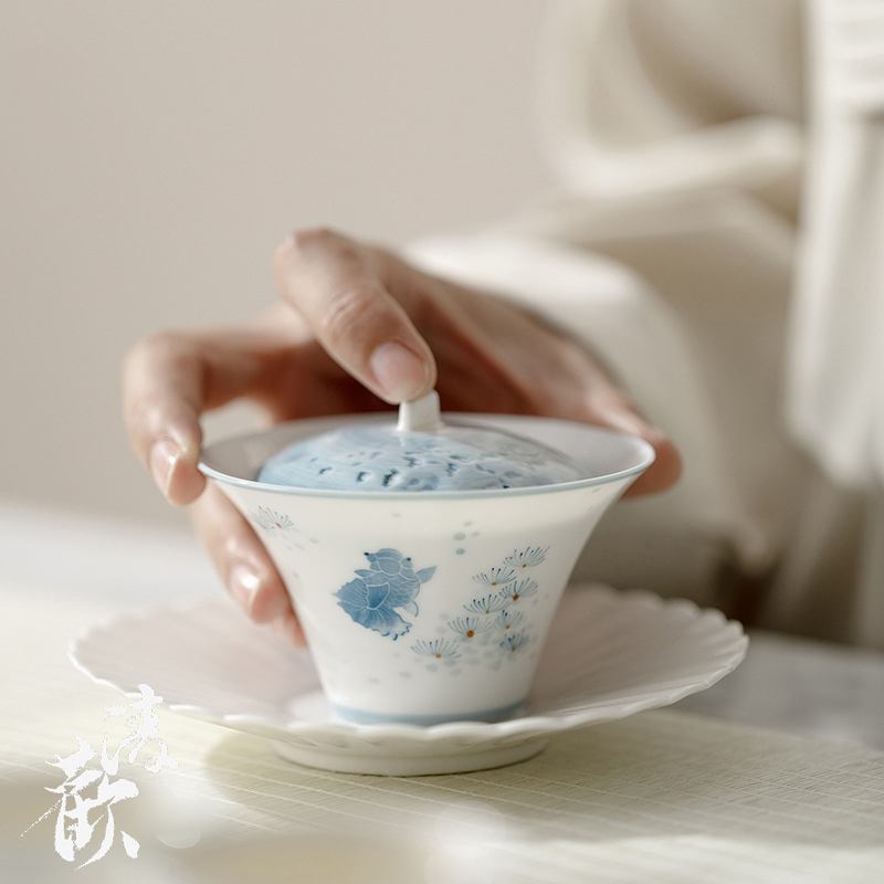 清欢丨青花手绘水月盖碗140ml 手工陶瓷薄胎泡茶碗新中式家用茶碗