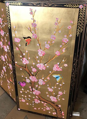 至高美出口韩国金箔梅花屏风挂画牡丹蝴蝶挂画手工彩绘高档礼品