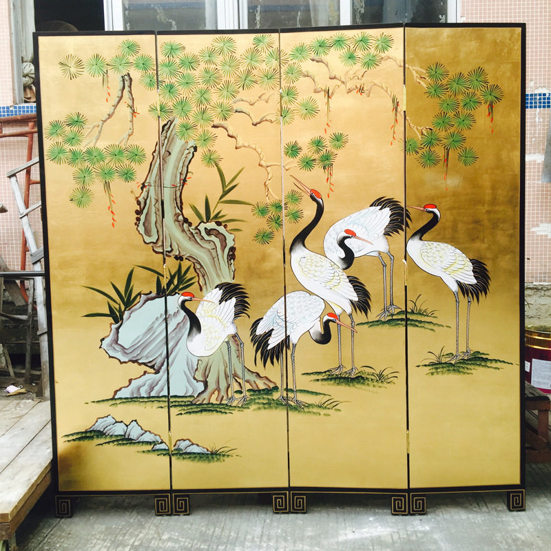 至高美金箔手绘松树仙鹤屏风明清屏风