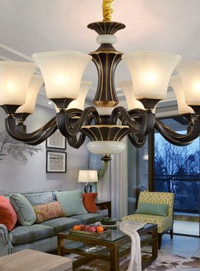 美式全铜吊灯欧式玉石大气客厅灯简欧灯饰中式餐厅灯卧室复古黑色