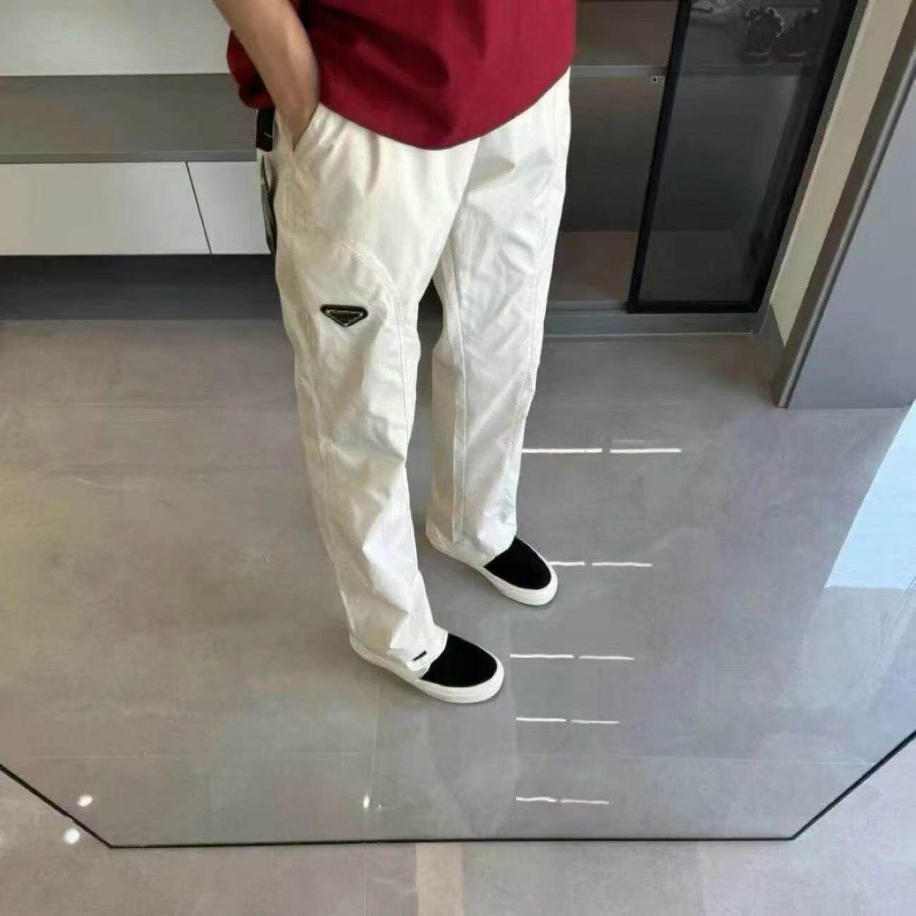 潮四季黑金属三角标休闲直筒裤男宽松百搭工装微辣软壳修身长裤女