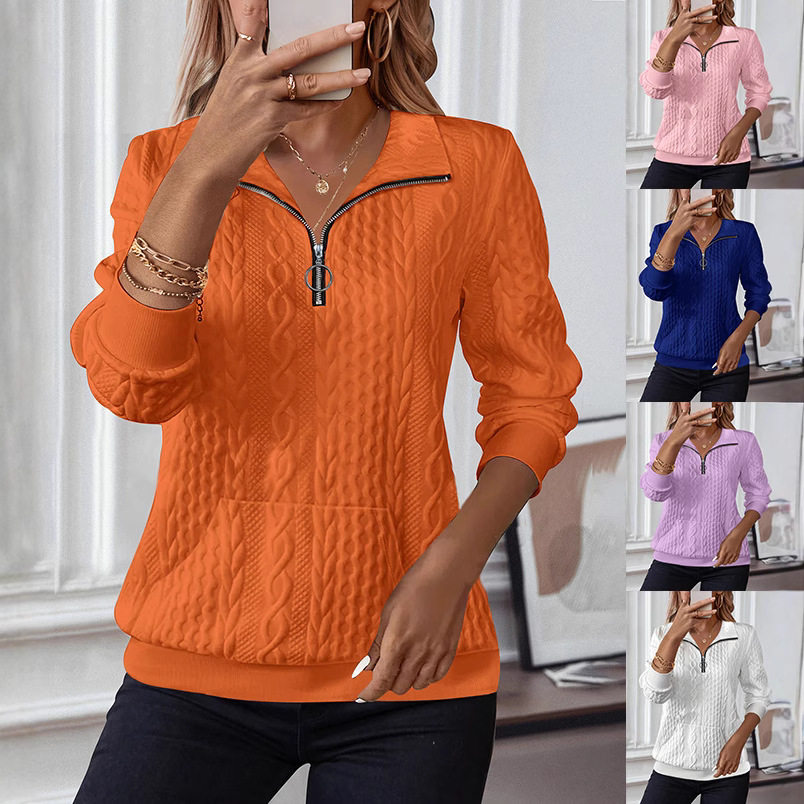 2025秋冬季跨境亚马逊欧美外贸新款休闲翻领拉链长袖口袋卫衣女装