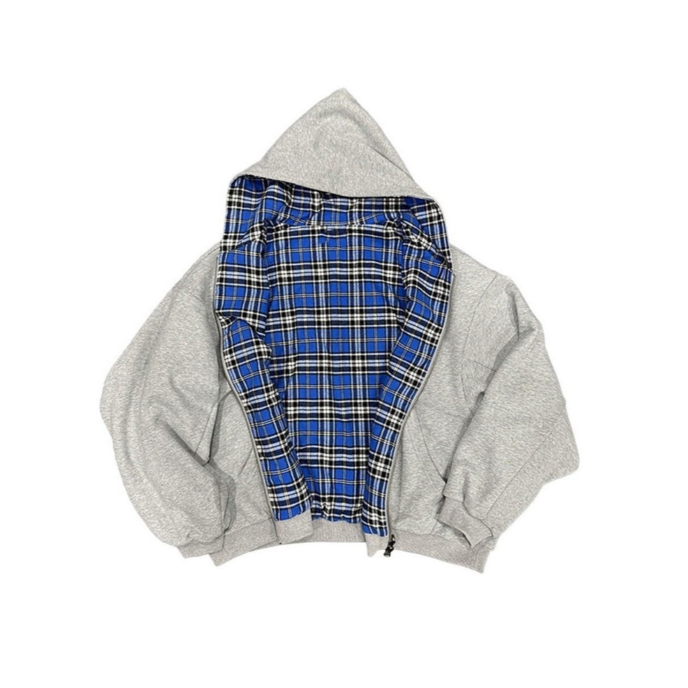 欧美跨境2025秋冬新款亚马逊时尚连帽拉链格子拼接两面穿卫衣男