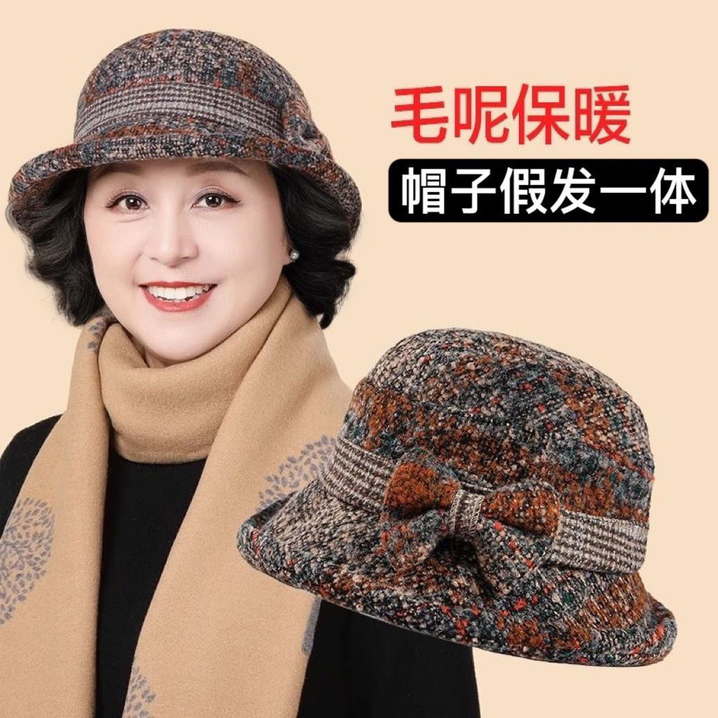 时尚妈妈帽子假发一体短卷发仿真帽子毛呢帽加厚休闲渔夫帽假发套