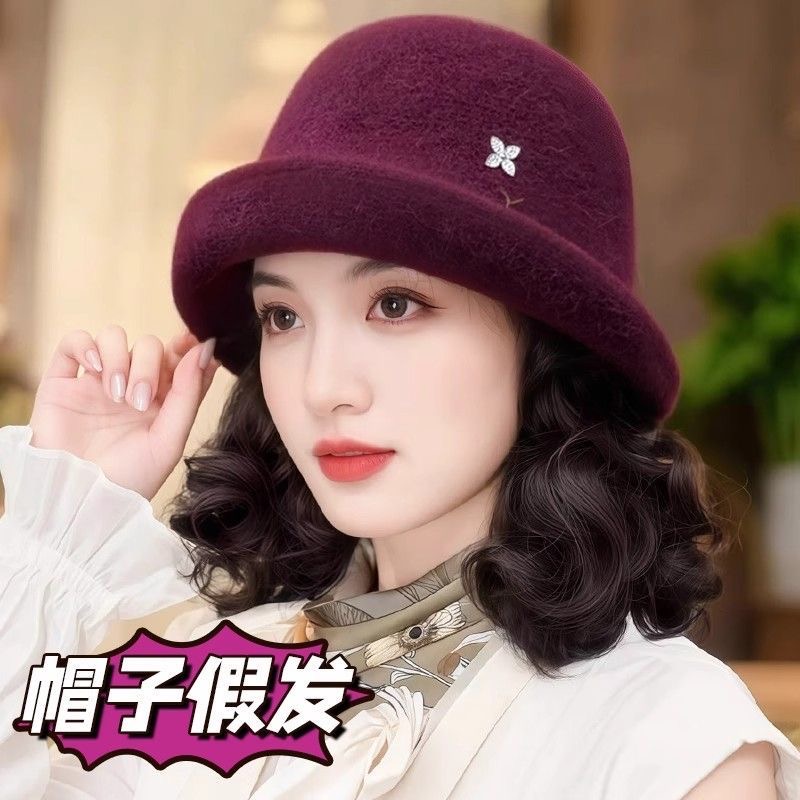 钻石四叶草帽子假发一体女秋冬时尚妈妈渔夫帽中老年短卷发假发帽