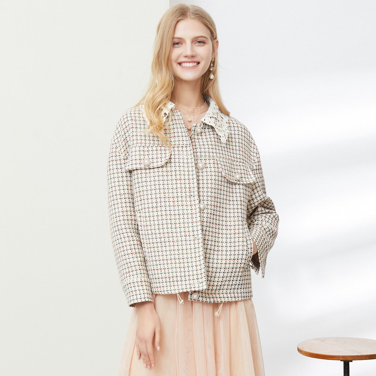 NAWain/纳纹2020春季新款单排扣复古百搭格纹时尚修身短款外套女