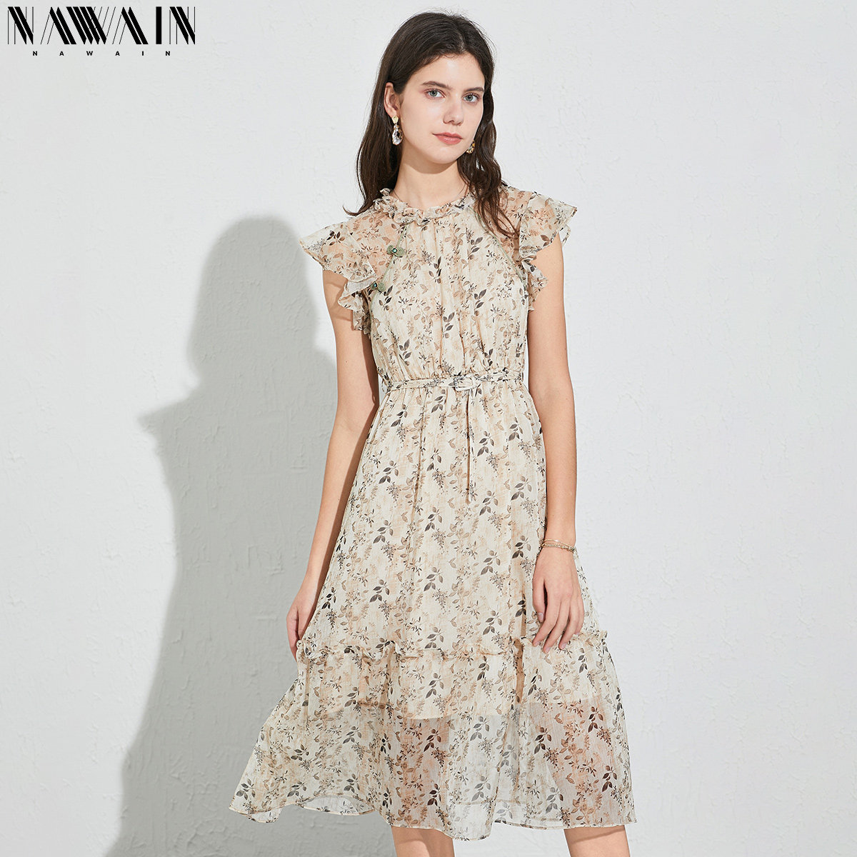 纳纹夏款盘扣雪纺裙子2020新品女装中长款碎花荷叶袖仙女连衣裙