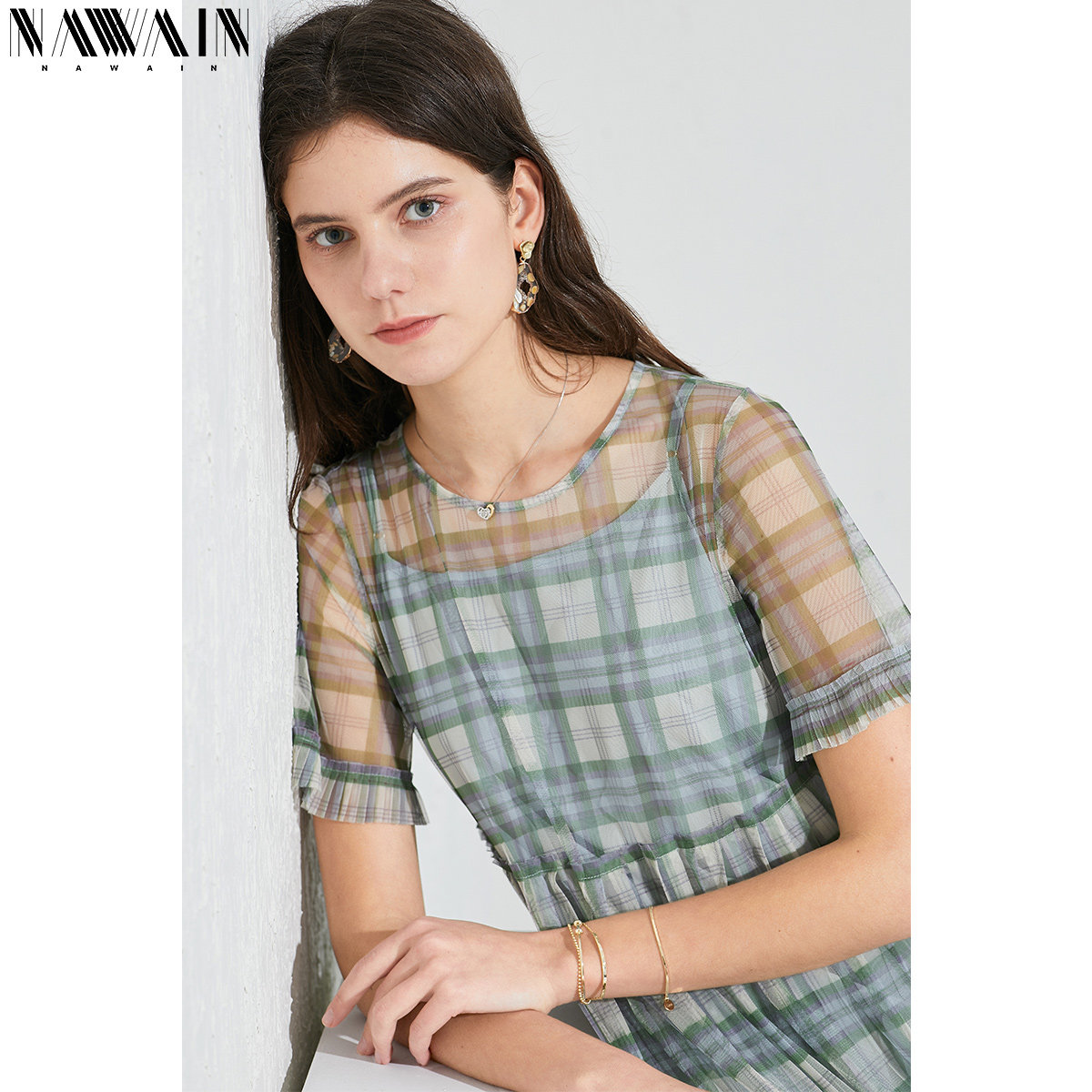 纳纹套装裙子女夏装2020新款韩版中长款格纹仙女网纱连衣裙两件套