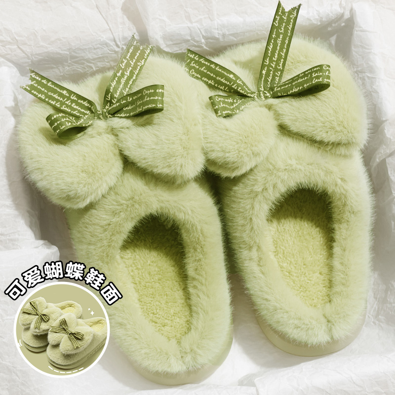 毛绒棉拖鞋女蝴蝶结秋冬季2025新
