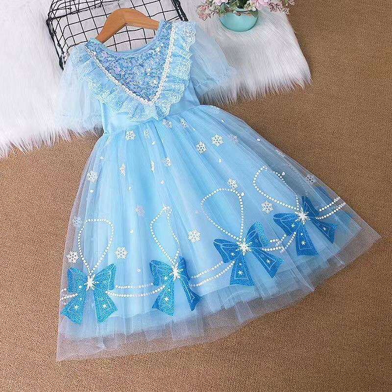 爱莎公主裙中大童夏季新款连衣裙女孩可爱蝴蝶结裙子礼服网纱洋气