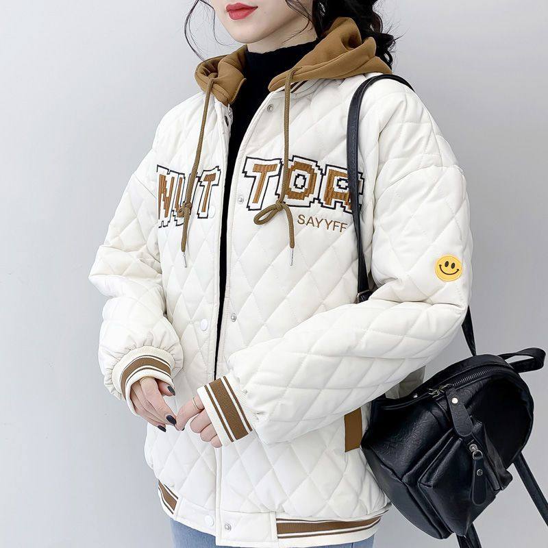 刺绣连帽夹棉菱格棒球棉服女设计感小众冬季加厚保暖棉衣袄外套