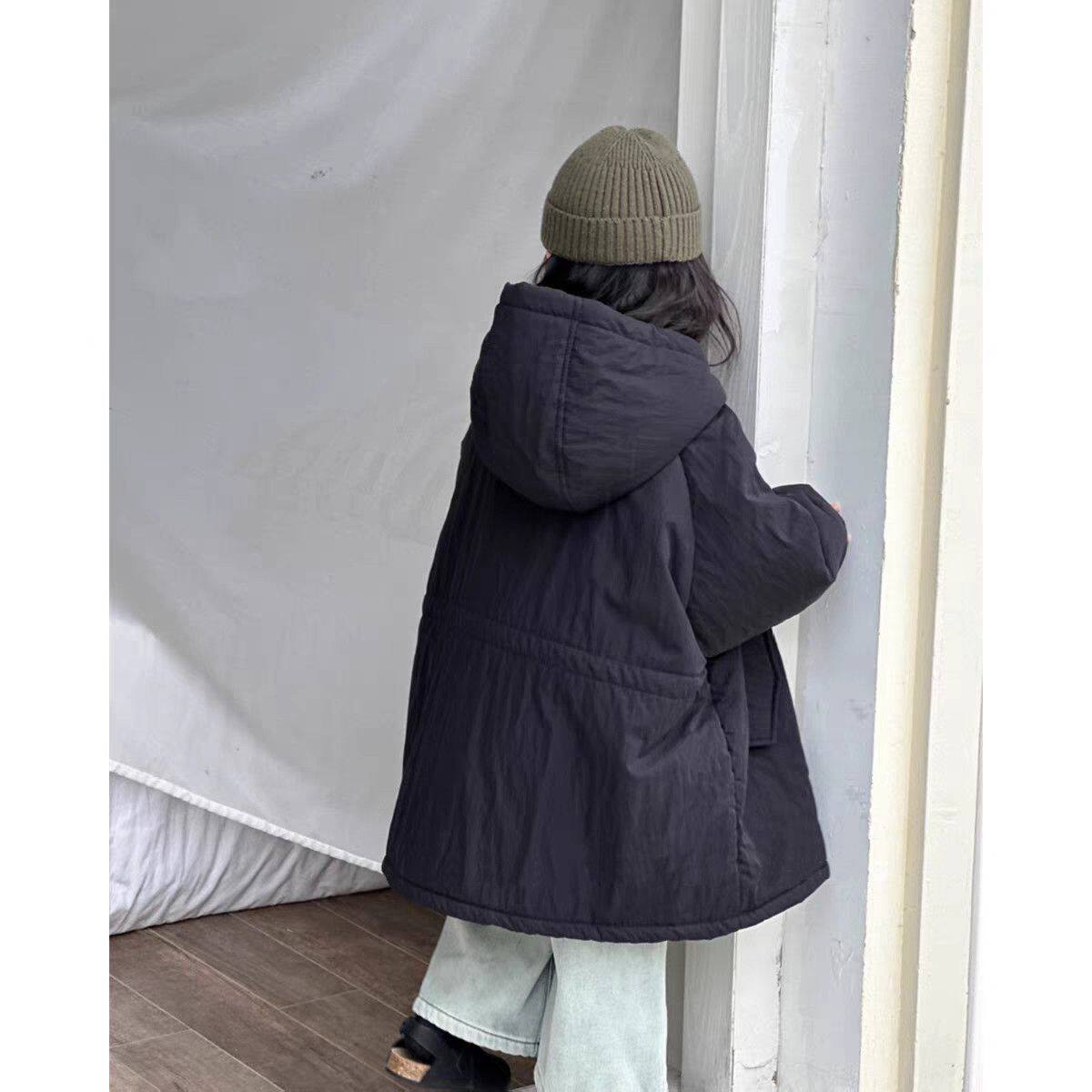 男女童加绒加厚连帽棉服2024冬季新款亲子装洋气保暖长款派克棉袄