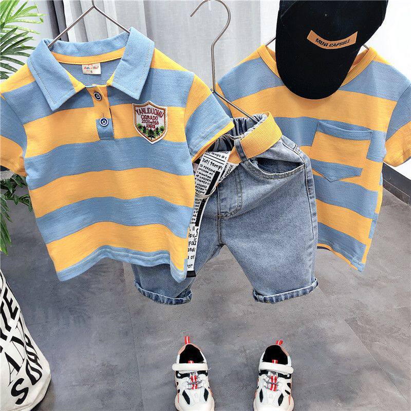 潮版童装夏季儿童条纹短袖T恤韩版宝宝兄妹装短袖男童洋气Polo衫