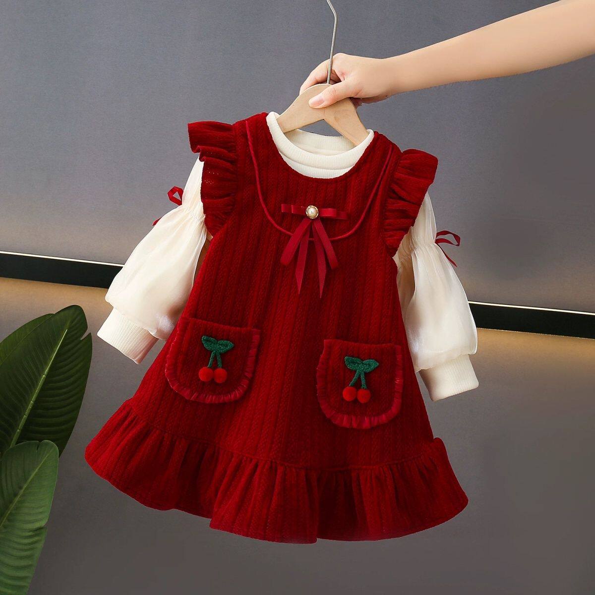 女小童春秋冬新款两件套韩版洋气宝宝花朵红色背心公主连衣裙