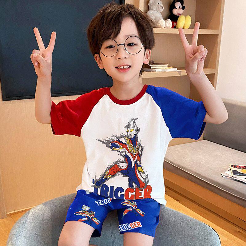 奥特曼男童睡衣100纯棉夏季薄款短袖短裤男孩宝宝儿童家居服套装