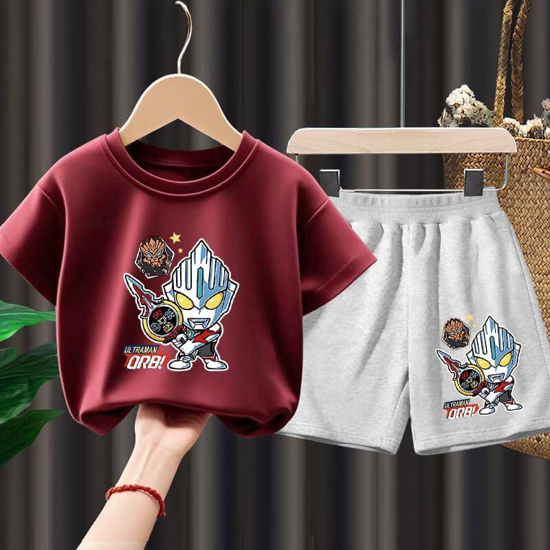 夏季儿童薄短袖套装打底T恤帅气奥特曼男童中小童短裤两件套外穿