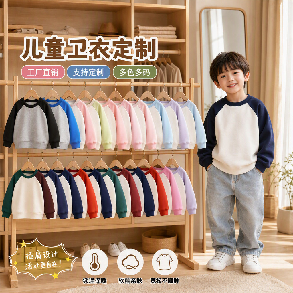 秋冬季韩版儿童卫衣圆领纯棉拼接撞色插肩袖男女童装班服定制logo