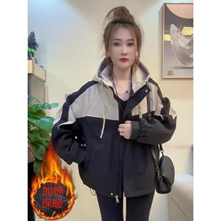 胖MM特大码冲锋衣二棉外套女2025秋冬新款宽松连帽加厚保暖棉服潮