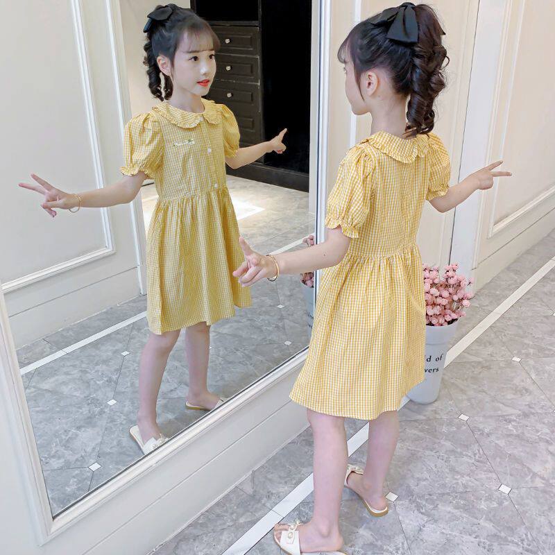 女童连衣裙夏装2026新款儿童短袖公主裙韩版娃娃领格子棉布裙子潮