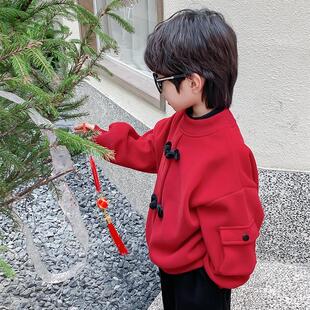 男童加绒卫衣冬装新款儿童秋冬季红色中国风上衣男孩加厚潮服