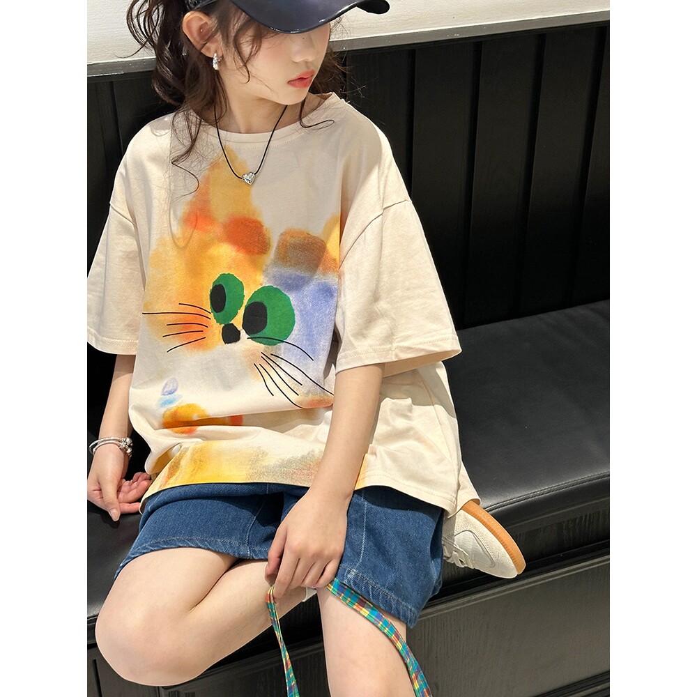 女童短袖T恤夏季2026新款大童夏款洋气卡通上衣儿童韩版时髦夏装