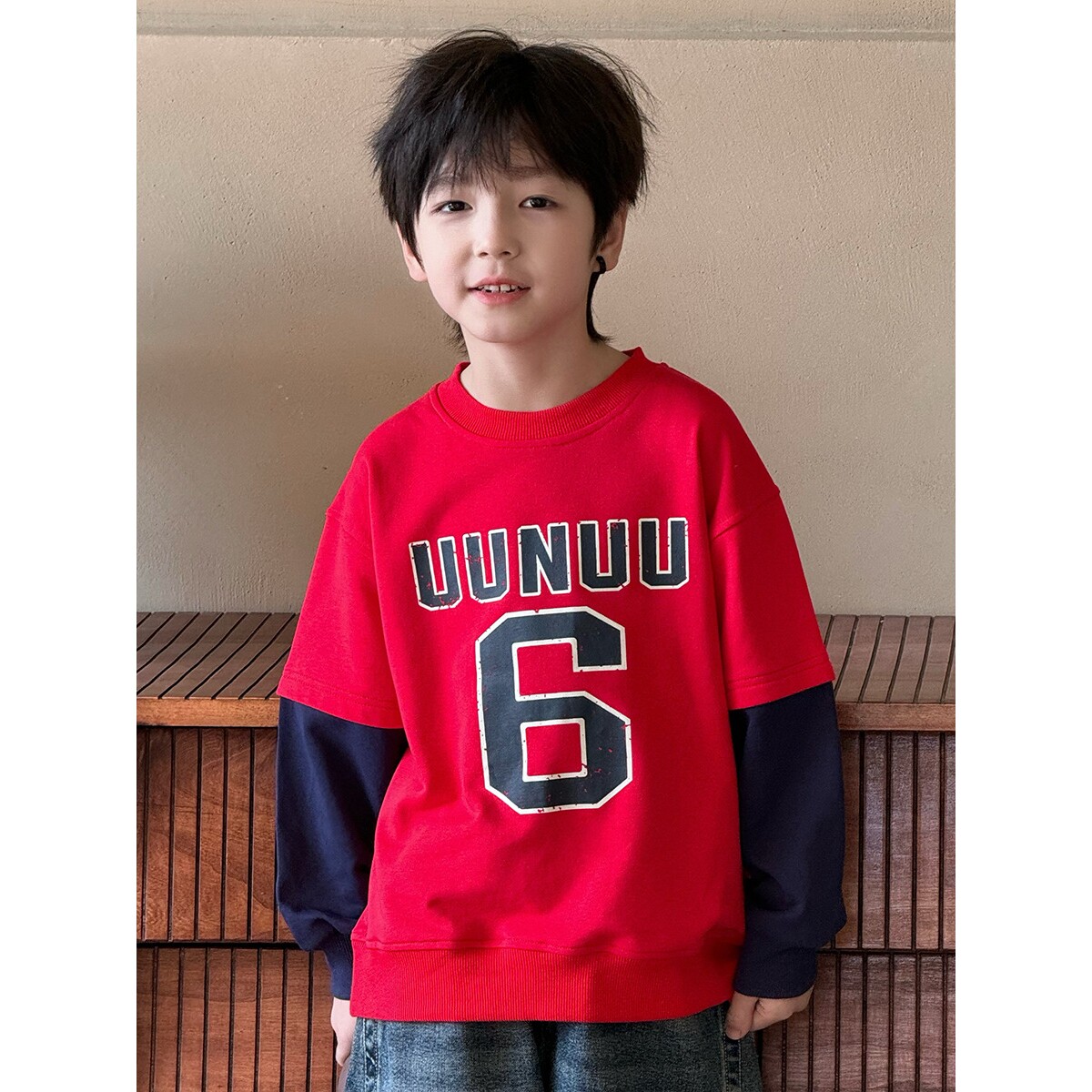 男童假两件卫衣2026春款童装儿童新款拼色上衣潮中大童洋气套头衫