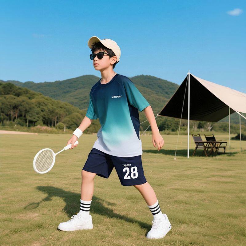 男童套装夏装新中式新款速干中大童夏季儿童渐变两件套球服短袖