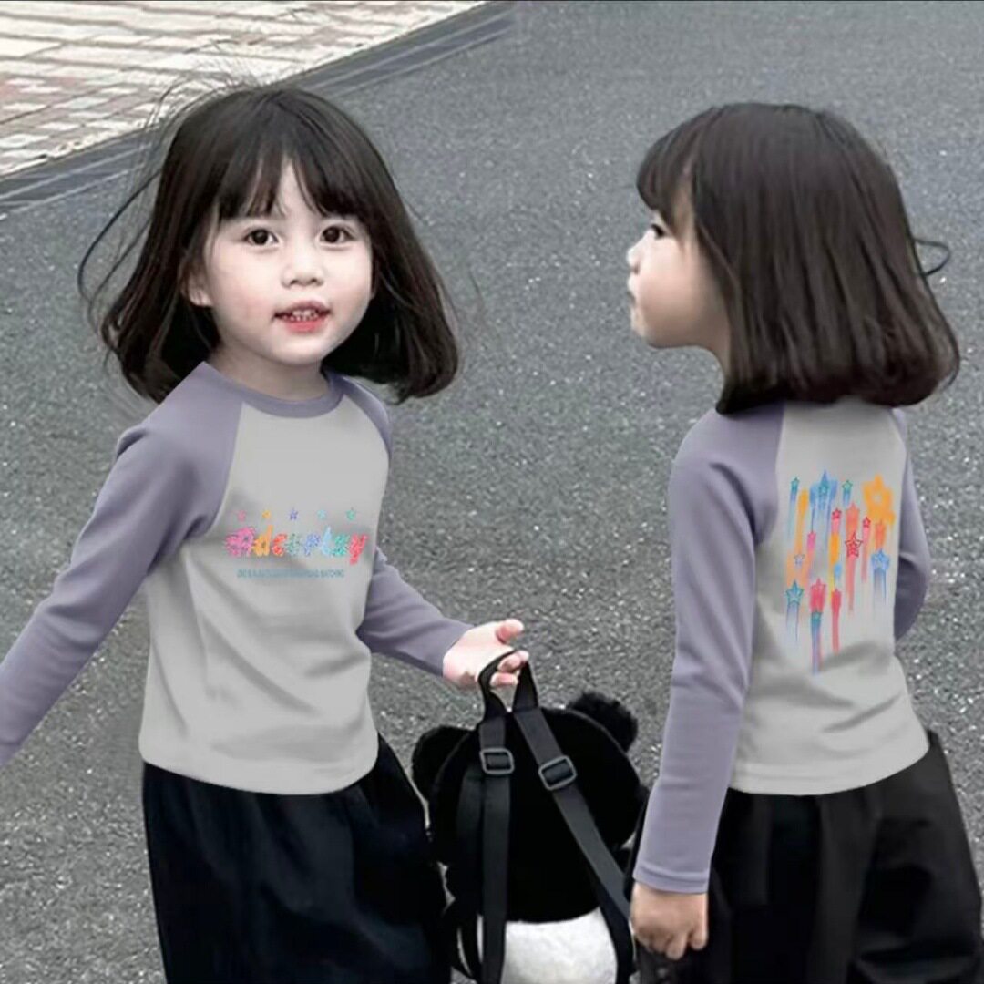 女童美式休闲拼色纯棉长袖t恤2026春秋新款儿童潮流洋气拼接上衣