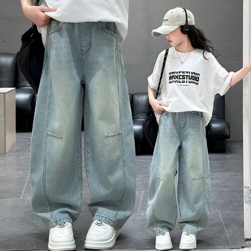 女童牛仔裤个性拼接弯刀裤显瘦洋气2026夏装新款裤子中大童休闲裤